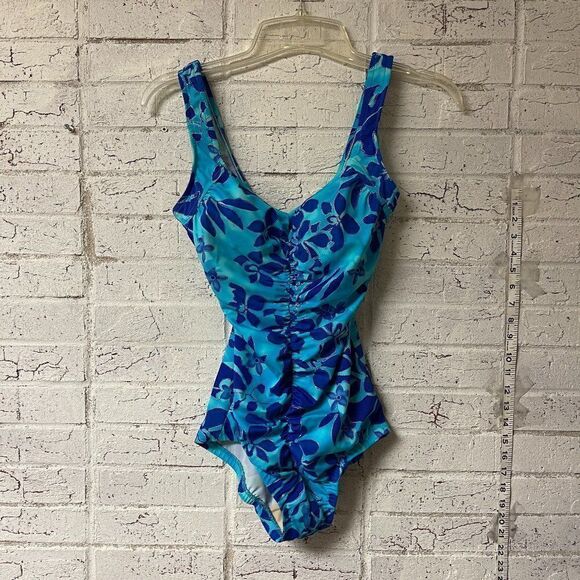 Vintage Blue One Piece Tropical Resort Swimsuit Small - Picture 1 of 8